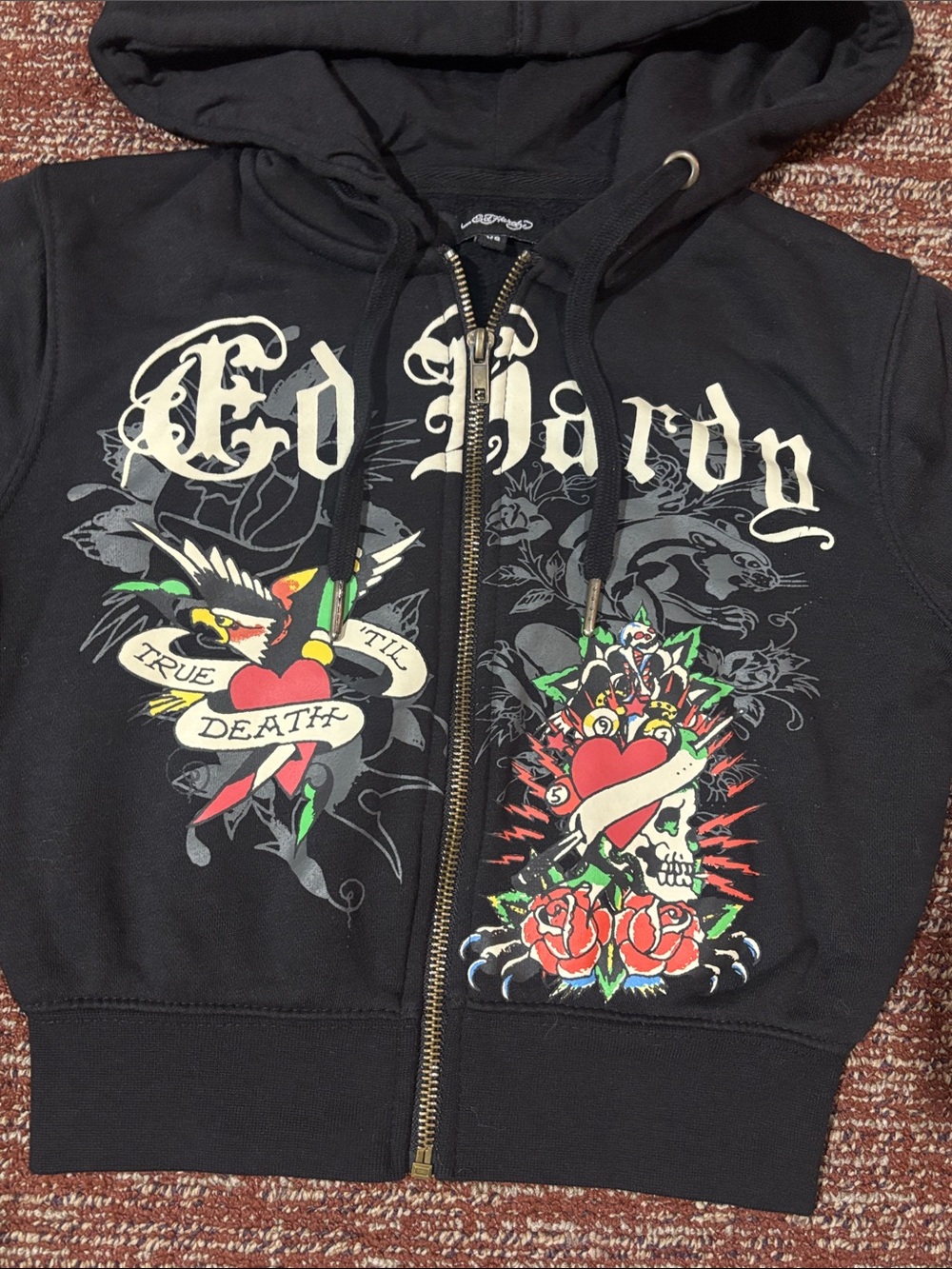Ed Hardy cropped zip up hoodie graphic logo y2k style sweatshirt skull heart Xs - Picture 5 of 12